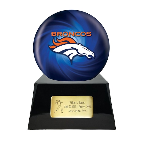 Urna för fotbollsföremål med valfri bolldekoration för Denver Broncos och specialdesignad metallplakett