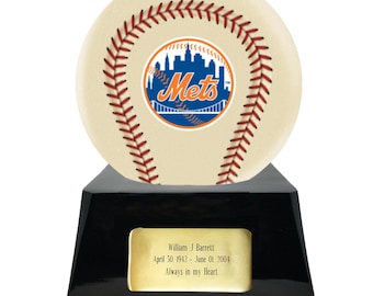 Ball Style Baseball Cremation Urn with Optional New York Mets Ball Decor and Custom Metal Plaque