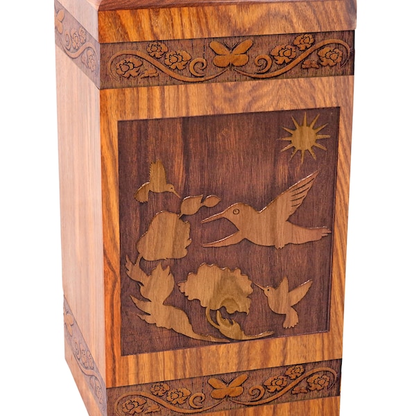 Solid Rosewood Cremation Urn with an engraved Hummingbird