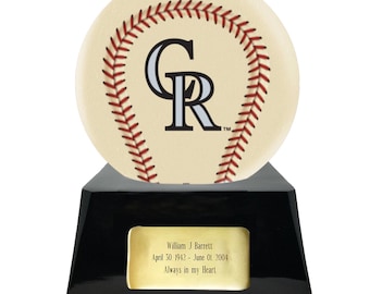 Ball Style Baseball Cremation Urn with Optional Colorado Rockies Ball Decor and Custom Metal Plaque