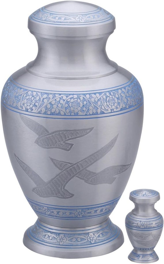 Divinityurns Wings of Love Blue & Silver Cremation Urn - Metal Cremati Wings of Love Cremation Set - Adult Metal Urn for Ashes with included  Keepsake Urn