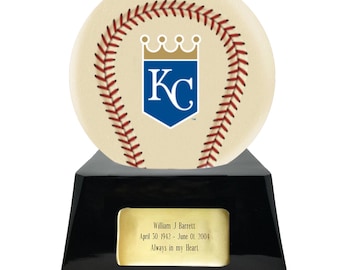 Ball Style Baseball Cremation Urn with Optional Kansas City Royals Ball Decor and Custom Metal Plaque
