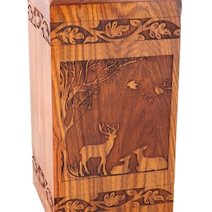 Solid Rosewood Cremation Urn with a Family of Deer Engraving