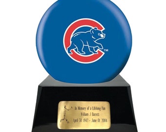 Baseball Cremation Urn with Optional Chicago Cubs Ball Decor and Custom Metal Plaque