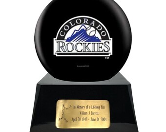 Baseball Cremation Urn with Optional Colorado Rockies Ball Decor and Custom Metal Plaque