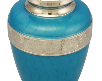 SPEZIAL ANGEBOT Klassische Avalon Urne mit silbernen Sonnenblumenbändern, Himmelblau