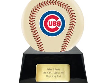 Ball Style Baseball Cremation Urn with Optional Chicago Cubs Ball Decor and Custom Metal Plaque