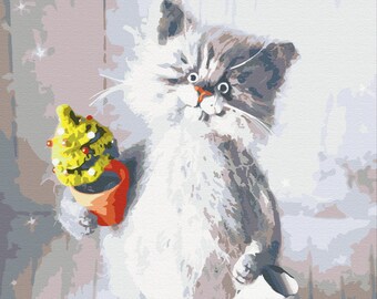 Cat and a Plant, Paint by Number Kit, CAT-16 Shipping from US, DIY Acrylic Painting Home Decoration, Paint Therapy