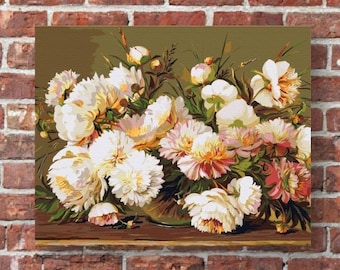 Bouquet of Peonies, Paint by Number Kit, FLO-6 Shipping from US, DIY Acrylic Painting Home Decoration, Paint Therapy