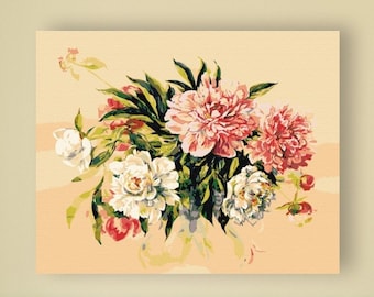 Bouquet of Peonies, Paint by Number Kit, FLO-4 Shipping from US, DIY Acrylic Painting Home Decoration, Paint Therapy