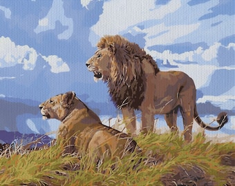 Two Lions, Paint by Number Kit, ANI-10 Shipping from US, DIY Acrylic Painting Home Decoration, Paint Therapy
