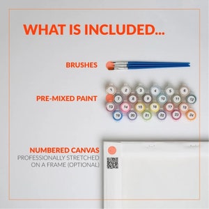 Pu&ograve; includere: Un kit di pittura per numeri con 24 barattoli di vernice premiscelata, 3 pennelli e una tela numerata. La tela &egrave; tesa professionalmente su un telaio ed &egrave; opzionale.