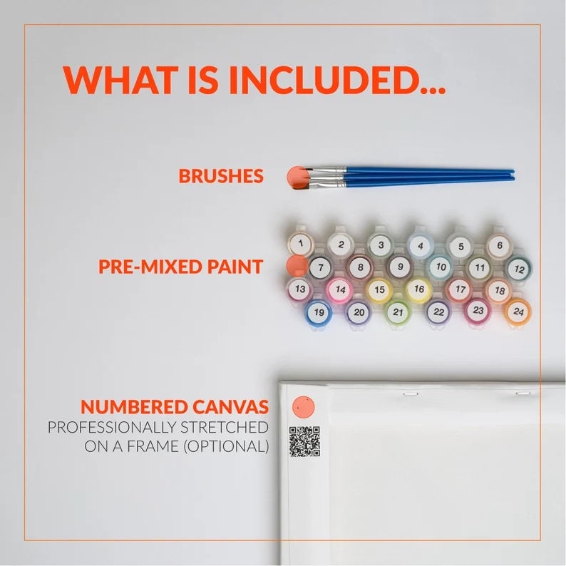 Pu&ograve; includere: Un kit di pittura per numeri con 24 barattoli di vernice premiscelata, 3 pennelli e una tela numerata. La tela &egrave; tesa professionalmente su un telaio ed &egrave; opzionale.