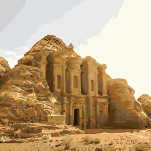 May include: A large, intricately carved sandstone building with a central doorway and multiple columns, set against a backdrop of rocky cliffs. The building is a pale beige color, and the sky is a bright blue.