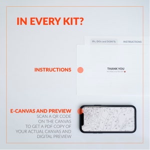 Może przedstawiać: Biała kartka papieru z tekstem "INSTRUCTIONS" i czerwoną kropką. Pod kartką znajduje się czarny smartfon wyświetlający kod QR. Tekst "E-CANVAS AND PREVIEW" znajduje się nad smartfonem. Tekst "SCAN A QR CODE ON THE CANVAS TO GET A PDF COPY OF YOUR ACTUAL CANVAS AND DIGITAL PREVIEW" znajduje się pod smartfonem.