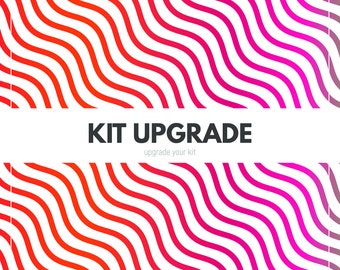 Może przedstawiać: Białe tło z falistym wzorem w kolorze czerwonym i różowym. Tekst "KIT UPGRADE" jest czarny, a słowa "upgrade your kit" są mniejsze i również czarne.