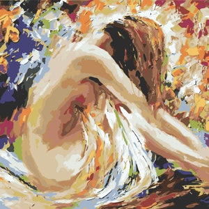 Pu&ograve; includere: Dipinto astratto di una persona con lunghi capelli castani seduta in un paesaggio colorato e vorticoso. Il corpo della persona &egrave; nudo e lo sfondo &egrave; un mix di blu, viola, arancio e giallo.