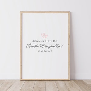 Kiss the Miss Goodbye. Personalised Hen Party Print. A4 / A3 Bride Keepsake.