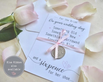 Sixpence ‘Something Old, New...’ Bride Wedding Day Shoe Coin. Authentic Silver Sixpence & Poem keepsake.