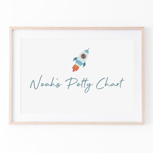 May include: A framed print featuring a blue rocket ship and the text "Noah's Potty Chart" in blue cursive.