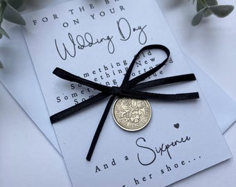 Sixpence ‘Something Old, New...’ Bride Wedding Day Shoe Coin. MONOCHROME Authentic Silver Sixpence & Poem keepsake.
