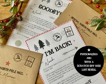 May include: A personalized Christmas letter from Santa Claus to a child named Noah. The letter is printed on white paper with red and white stripes and has a North Pole stamp. The letter says "Goodbye Noah" and "I'm Back!" with a red arrow pointing to the right. The letter is accompanied by a brown envelope with a North Pole stamp and a black circle with white text that says "Personalized and with a Scratch Off Nice List Reveal".
