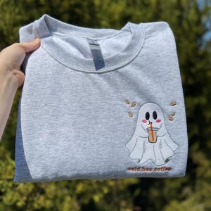 Cold Boo Coffee Embroidered Sweatshirt, Embroidered Ghost Sweatshirt, Embroidered Coffee Sweatshirt