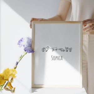 May include: A framed print with the name "Sophia" in black text below a series of hand gestures in black line art, representing sign language. The frame is light wood. A yellow and purple flower is in the foreground.