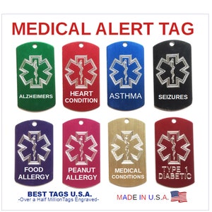 PREMIUM Medical Alert Emergency ID Name Tag Personalized Engraved includes keyring Made in U.S.A Save Gas! Free Shipping!