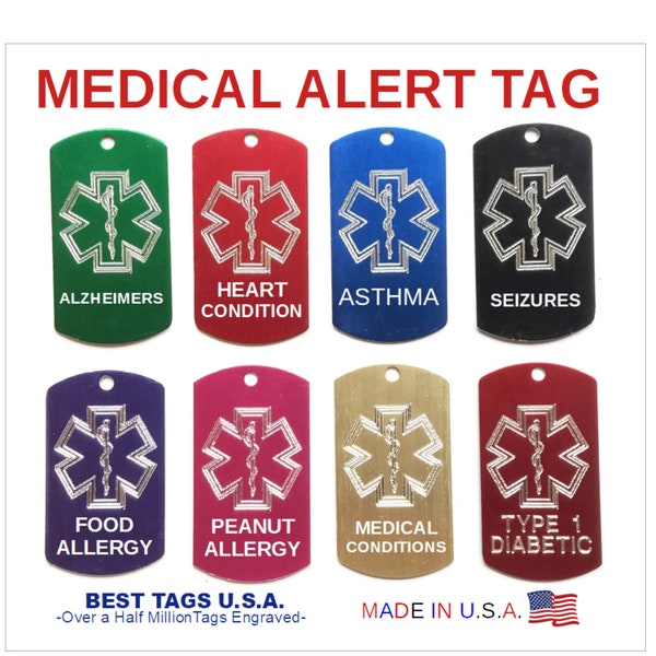 PREMIUM Medical Alert Emergency ID Name Tag Fast-N-Free Shipping! Personalized Engraved includes keyring Made in U.S.A.