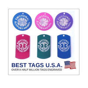 PREMIUM Emotional Support Animal ESA Tag with FREE Backside Engraving and ring ~11.95 Shipped Free Made in U.S.A. The >Best< Deep Engraved!