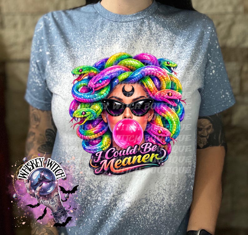 Neon Medusa Graphic Tee, Tattoo Style Snake Goddess Shirt, Alt Fashion Apparel Heather Indigo
