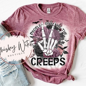 Bleached Skeleton Hand T-Shirt: People Give Me The Creeps, Distressed Vintage Style