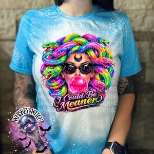 Neon Medusa Graphic Tee, Tattoo Style Snake Goddess Shirt, Alt Fashion Apparel Heather Sapphire