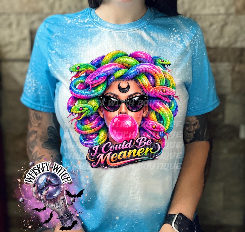 Neon Medusa Graphic Tee, Tattoo Style Snake Goddess Shirt, Alt Fashion Apparel Heather Sapphire