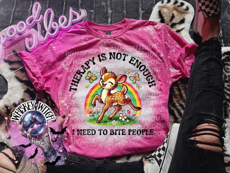 Funny Feral Deer Graphic Tee – Therapy Is Not Enough Sarcastic Top Heather Heliconia