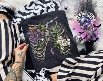 Floral Rib Cage Shirt – Botanical Skeleton Tee, Gothic Cottagecore Flowers, Witchy Graphic T-Shirt / Unisex Sweatshirt