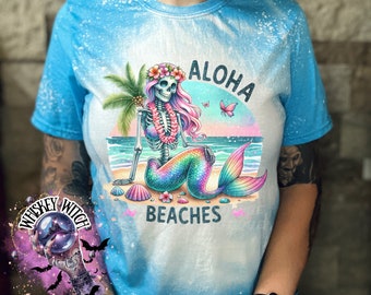 Skeleton Mermaid Aloha Beaches Shirt, Spooky Tropical Summer Tee