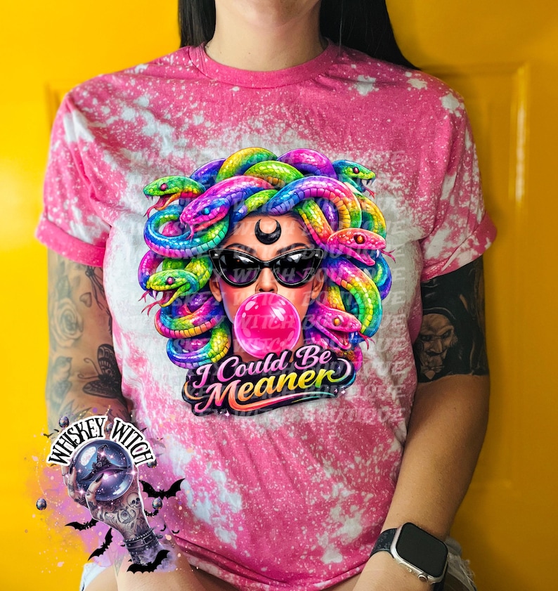 Neon Medusa Graphic Tee, Tattoo Style Snake Goddess Shirt, Alt Fashion Apparel Heather Heliconia