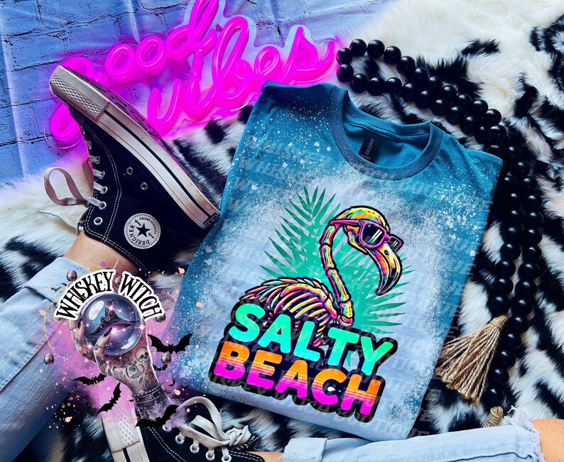Salty Beach Shirt, Skeleton Flamingo Tee, Spooky Summer Graphic T-Shirt, Beach Goth Handmade Top Galapagos Blue