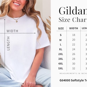 A white T shirt with Gildan Softstyle Sizing chart