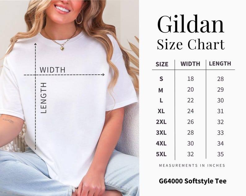 A white T shirt with Gildan Softstyle Sizing chart