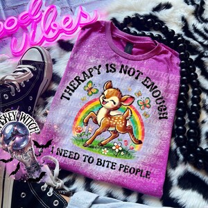 Funny Feral Deer Graphic Tee – Therapy Is Not Enough Sarcastic Top Heather Berry