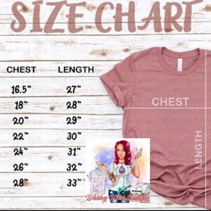 May include: A size chart for a t-shirt, with measurements in inches for chest and length. Sizes range from XS to 3XL. A pink t-shirt is displayed next to the chart. The text "SIZE CHART" is at the top.
