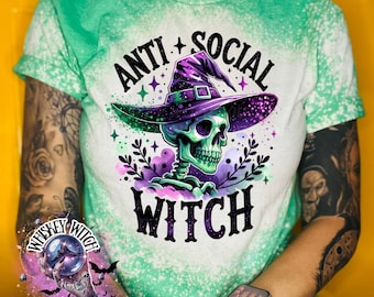 May include: A green and white tie-dye t-shirt with a skeleton witch wearing a purple hat and the text "Anti-Social Witch".