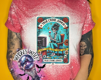 True Crime Junkie Shirt, Skeleton Tarot Tee, Handmade Bleached Graphic Tee