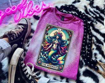 Mermaid Tarot Card Bleached T-Shirt, Witchy Ocean Tee