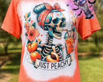 Hand Bleached Skeleton Peach Shirt, Spooky Summer Graphic Tee