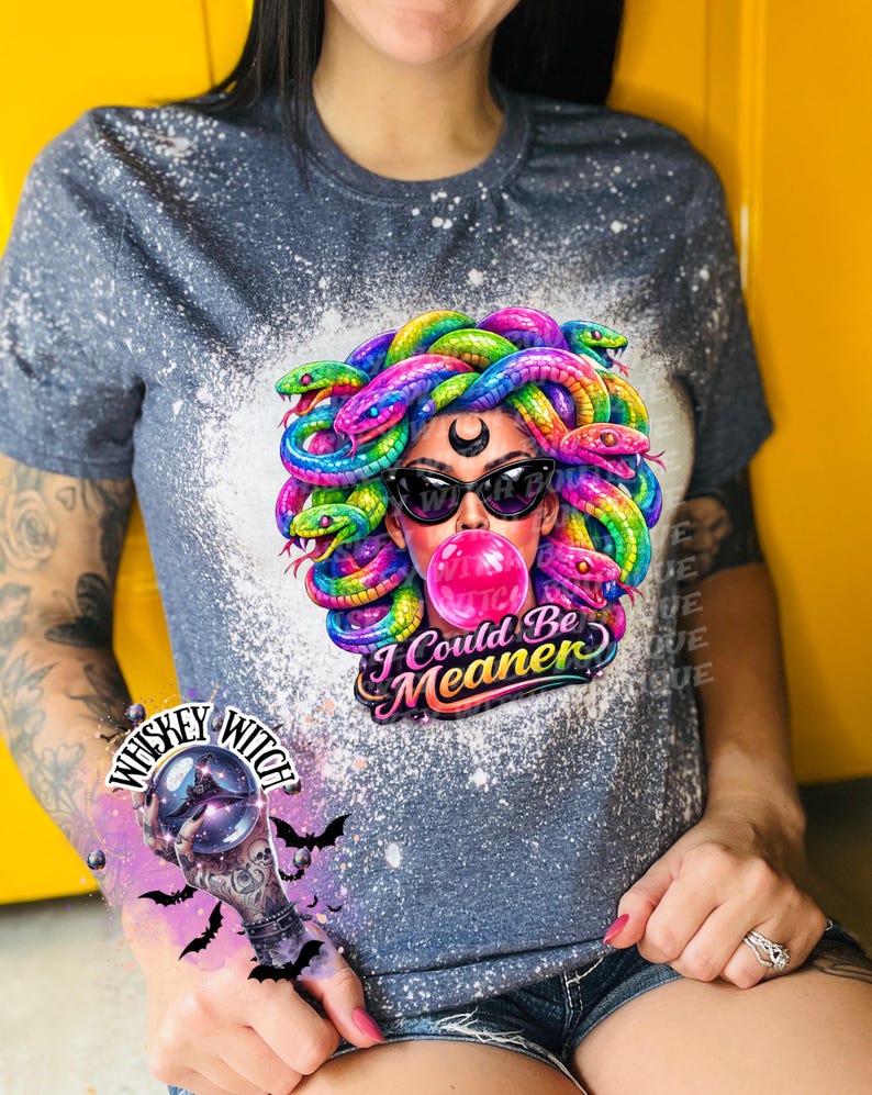Neon Medusa Graphic Tee, Tattoo Style Snake Goddess Shirt, Alt Fashion Apparel Heather Navy
