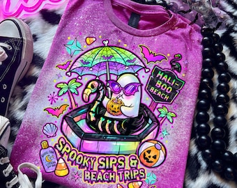 Spooky Beach Shirt, Ghost Vacation Tee, Summerween Graphic T-Shirt, bleached tshirt